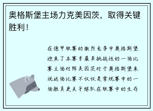 奥格斯堡主场力克美因茨，取得关键胜利！