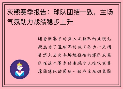 灰熊赛季报告：球队团结一致，主场气氛助力战绩稳步上升